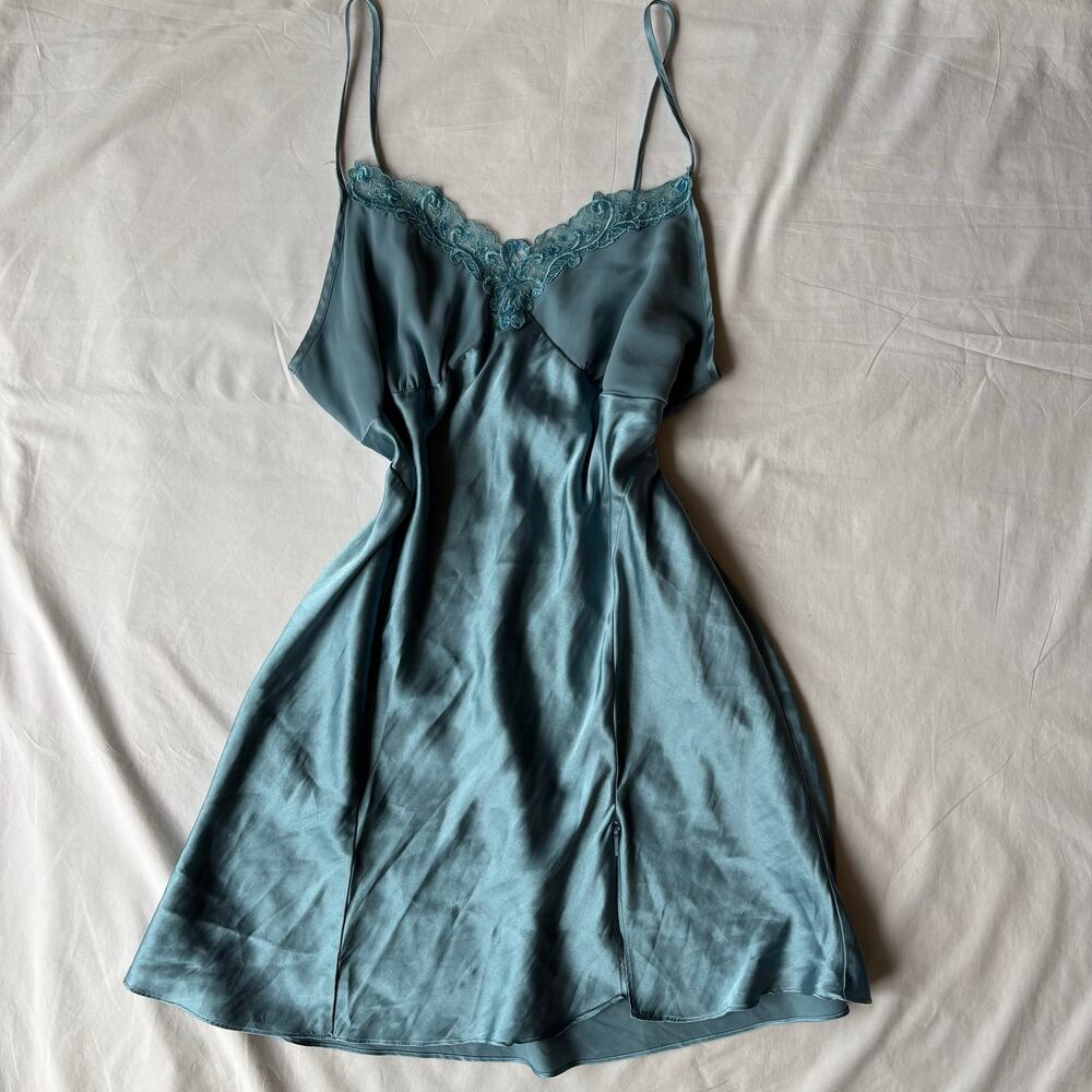 Vintage Seafoam Slip Dress Enchanting Lace Trim - Size L